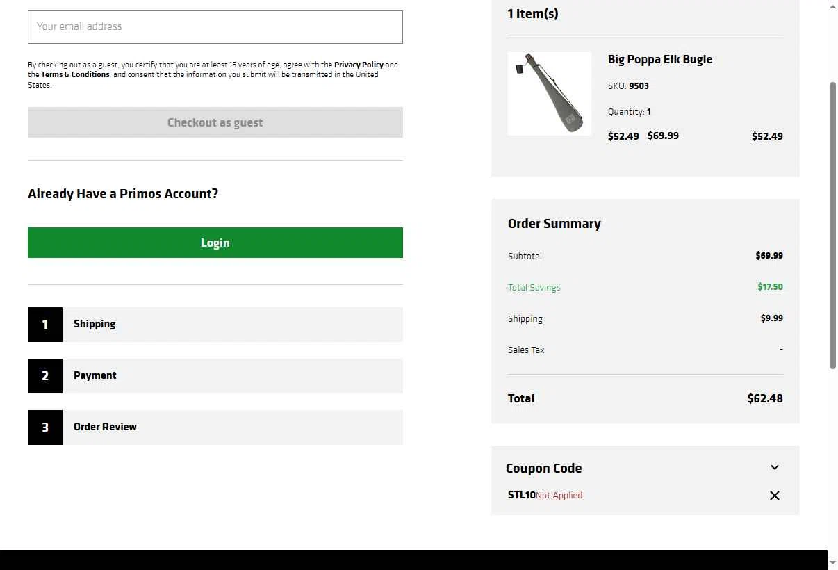 Primos Hunting checkout page showing Primos Hunting discount code box | Screenshot taken by SimplyCodes community member on Nov 29, 2025