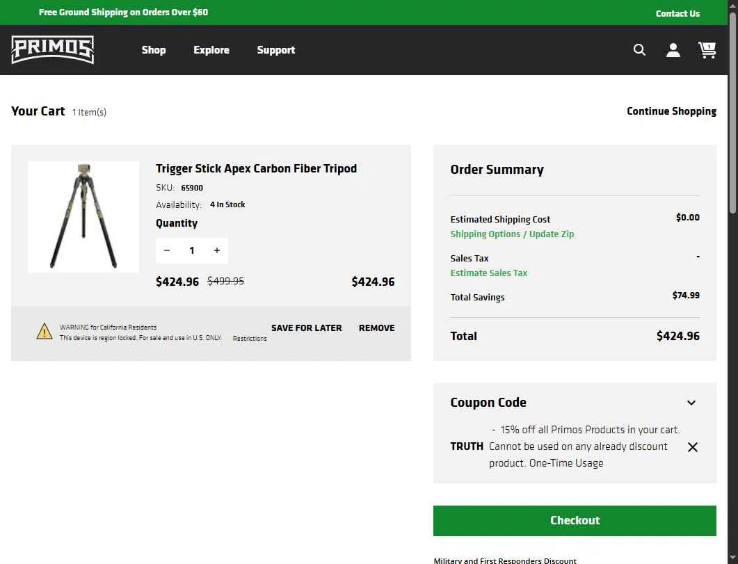 Primos Hunting checkout page showing Primos Hunting discount code box | Screenshot taken by SimplyCodes community member on May 21, 2025