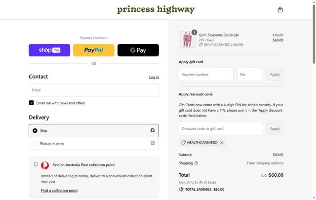 Princess Highway checkout page showing Princess Highway promo code box | Screenshot taken by SimplyCodes community member on Jul 2, 2025