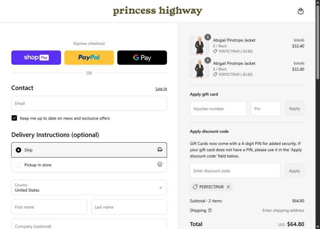 Princess Highway checkout page showing Princess Highway promo code box | Screenshot taken by SimplyCodes community member on Apr 24, 2025