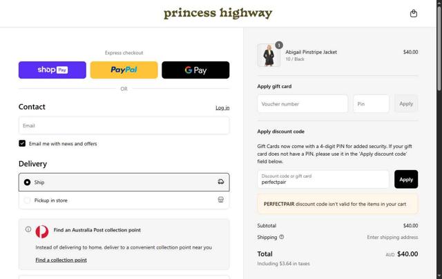 Princess Highway checkout page showing Princess Highway promo code box | Screenshot taken by SimplyCodes community member on Jun 18, 2025