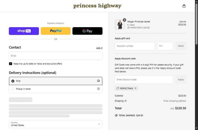 Princess Highway checkout page showing Princess Highway promo code box | Screenshot taken by SimplyCodes community member on May 26, 2025