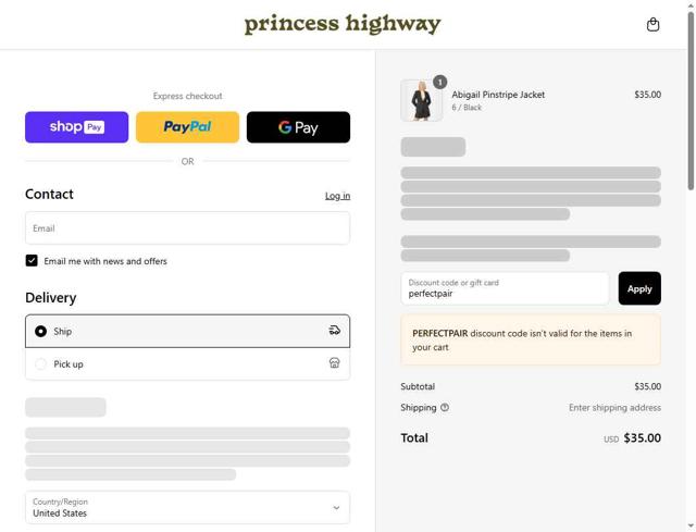 Princess Highway checkout page showing Princess Highway promo code box | Screenshot taken by SimplyCodes community member on Aug 4, 2025