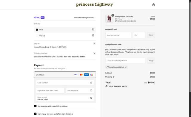 Princess Highway checkout page showing Princess Highway promo code box | Screenshot taken by SimplyCodes community member on Jul 31, 2025
