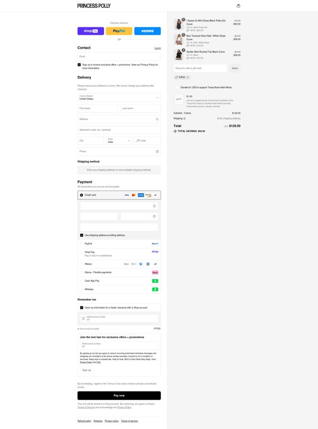 Princess Polly US checkout page showing Princess Polly US promo code box | Screenshot taken by SimplyCodes community member on Aug 16, 2025