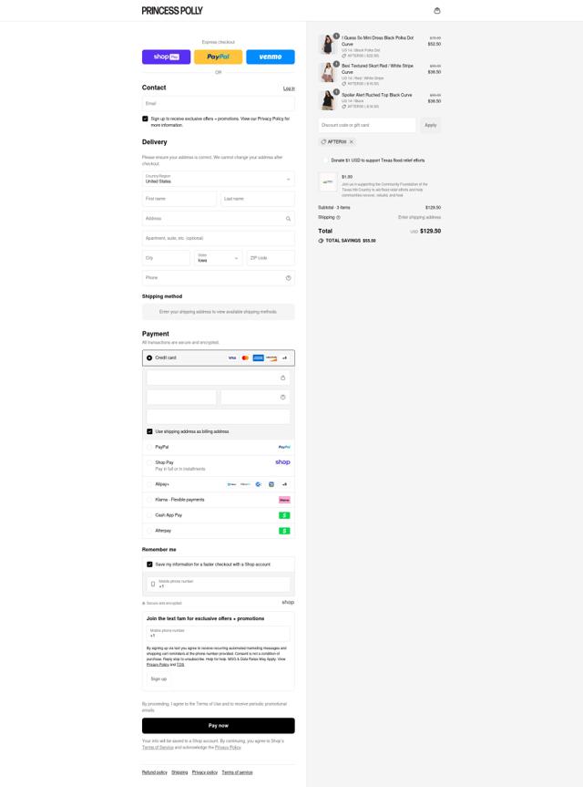 Princess Polly US checkout page showing Princess Polly US promo code box | Screenshot taken by SimplyCodes community member on Aug 15, 2025