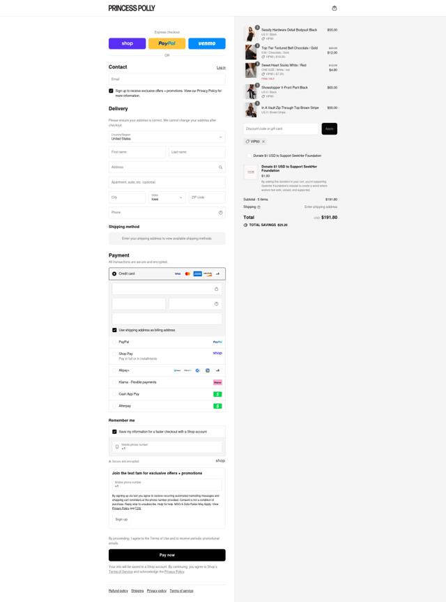 Princess Polly US checkout page showing Princess Polly US promo code box | Screenshot taken by SimplyCodes community member on Sep 1, 2025