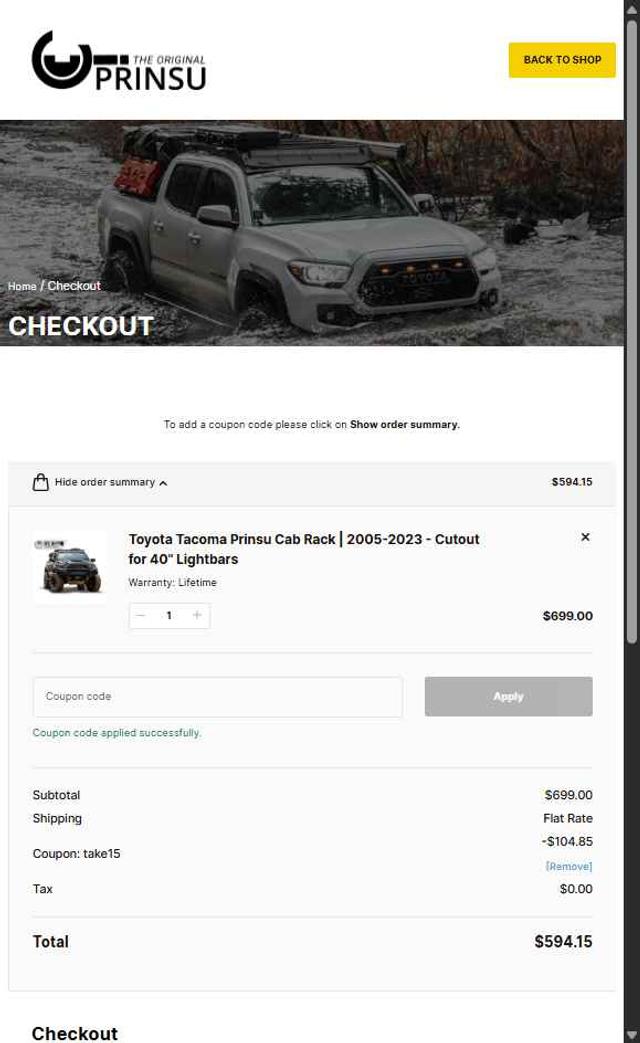 Prinsu checkout page showing Prinsu coupon code box | Screenshot taken by SimplyCodes community member on May 7, 2025
