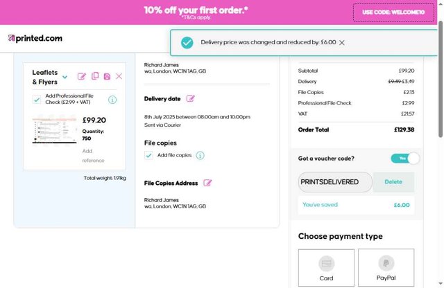 Printed.com checkout page showing Printed.com promo code box | Screenshot taken by SimplyCodes community member on Jul 6, 2025