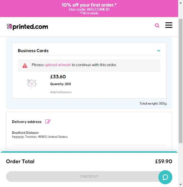 Printed.com checkout page showing Printed.com promo code box | Screenshot taken by SimplyCodes community member on May 10, 2025
