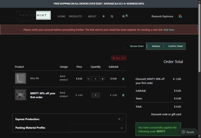 Printed Mint checkout page showing Printed Mint promo code box | Screenshot taken by SimplyCodes community member on Jun 4, 2025