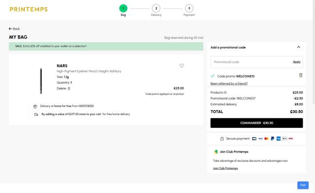 Printemps checkout page showing Printemps promo code box | Screenshot taken by SimplyCodes community member on Jun 27, 2025