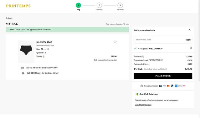 Printemps checkout page showing Printemps promo code box | Screenshot taken by SimplyCodes community member on Jul 5, 2025