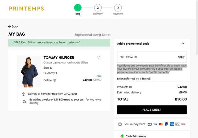 Printemps checkout page showing Printemps promo code box | Screenshot taken by SimplyCodes community member on Jun 27, 2025