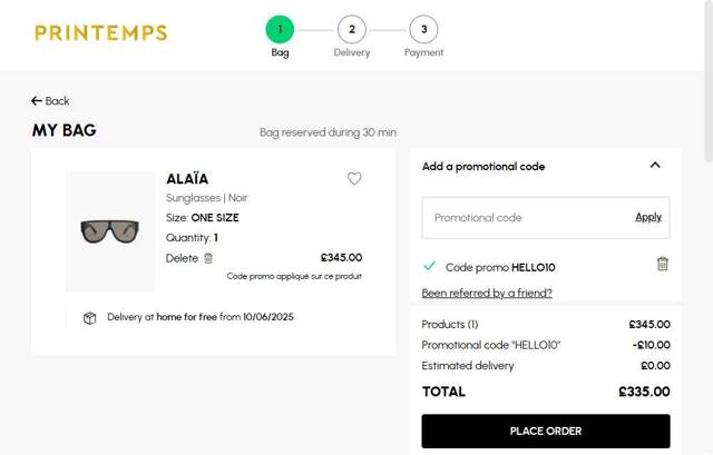 Printemps checkout page showing Printemps promo code box | Screenshot taken by SimplyCodes community member on Jun 3, 2025