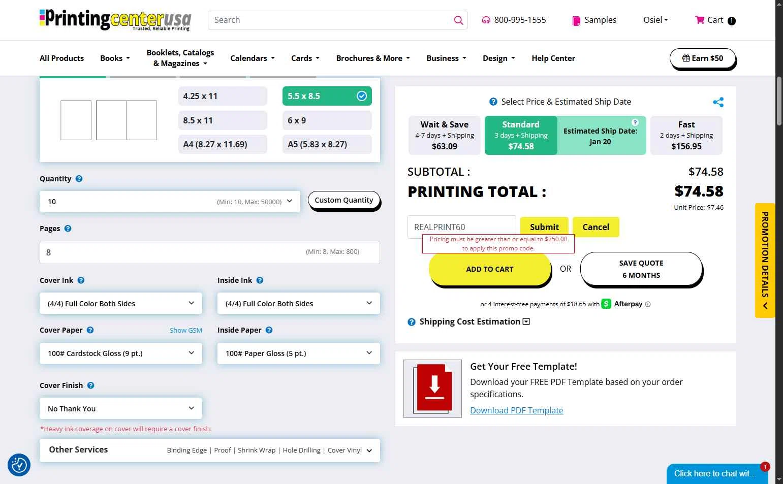 PrintingCenterUSA.com checkout page showing PrintingCenterUSA.com promo code box | Screenshot taken by SimplyCodes community member on Jan 13, 2026