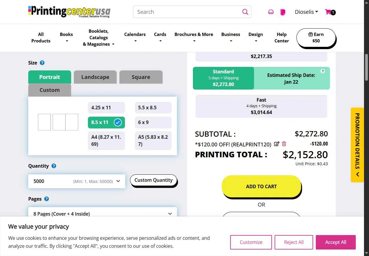 PrintingCenterUSA.com checkout page showing PrintingCenterUSA.com promo code box | Screenshot taken by SimplyCodes community member on Jan 13, 2026
