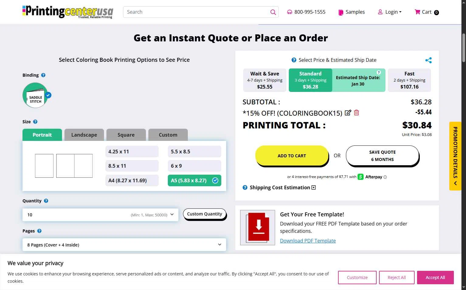 PrintingCenterUSA.com checkout page showing PrintingCenterUSA.com promo code box | Screenshot taken by SimplyCodes community member on Jan 26, 2026