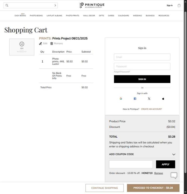 Printique checkout page showing Printique coupon code box | Screenshot taken by SimplyCodes community member on Aug 21, 2025