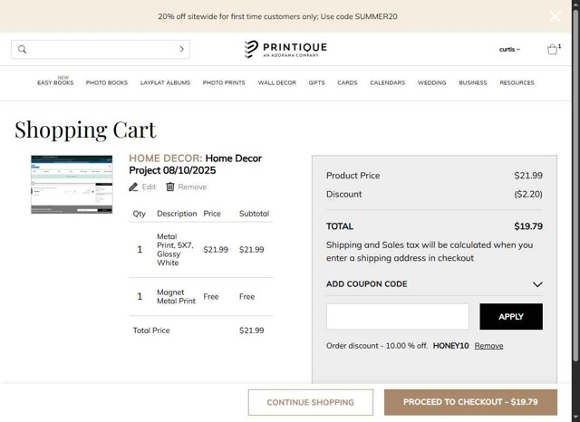 Printique checkout page showing Printique coupon code box | Screenshot taken by SimplyCodes community member on Aug 10, 2025