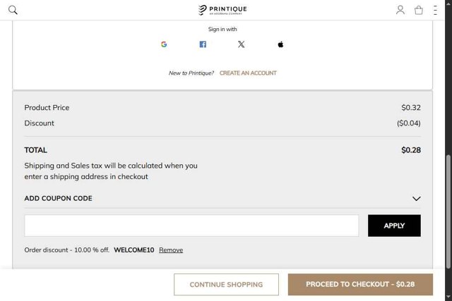 Printique checkout page showing Printique coupon code box | Screenshot taken by SimplyCodes community member on Jul 23, 2025