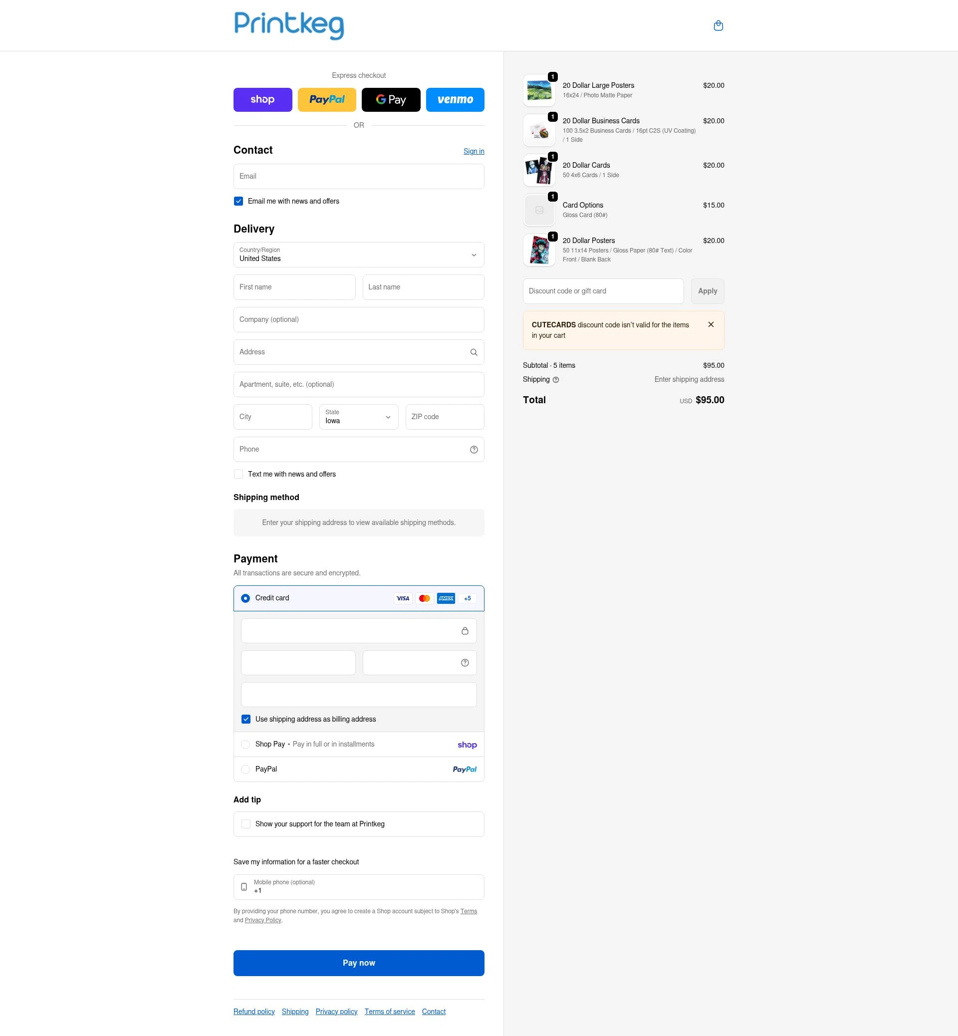 Printkeg checkout page showing Printkeg discount code box | Screenshot taken by SimplyCodes community member on Feb 7, 2026