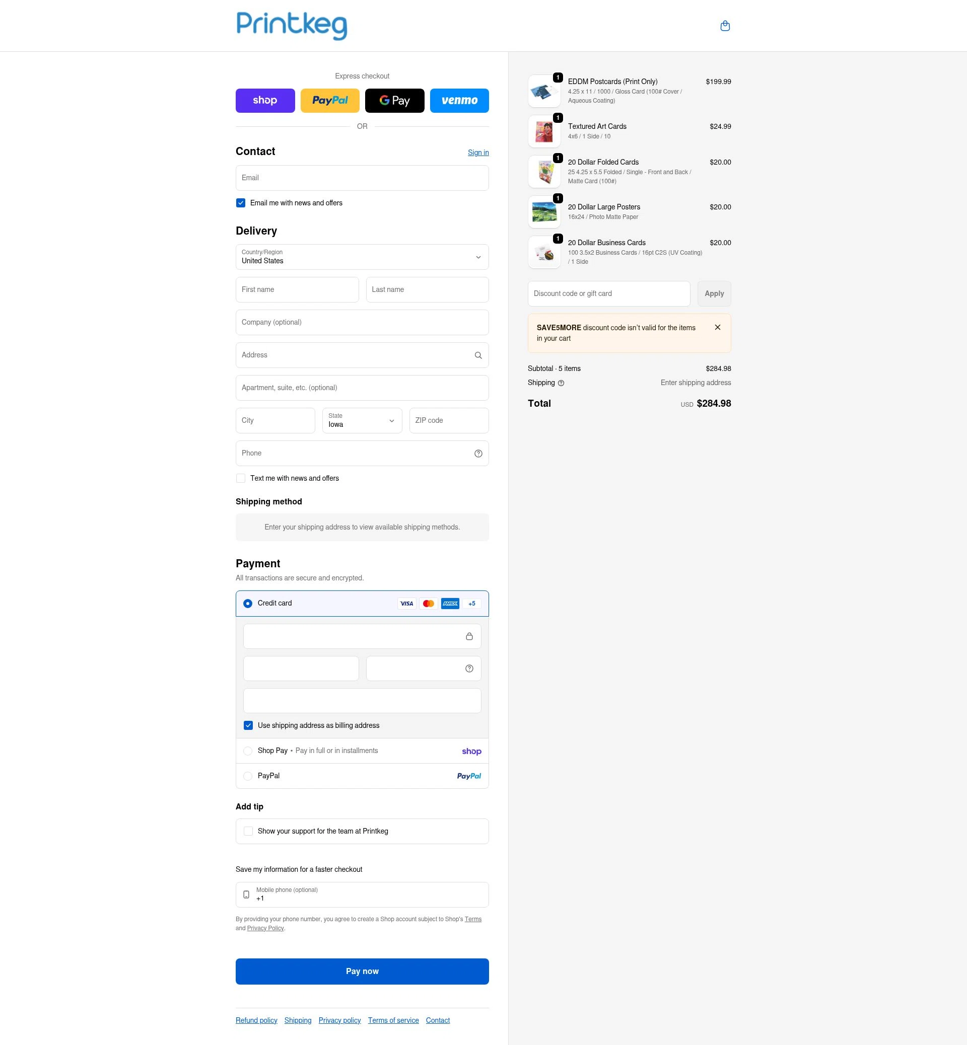 Printkeg checkout page showing Printkeg discount code box | Screenshot taken by SimplyCodes community member on Feb 11, 2026