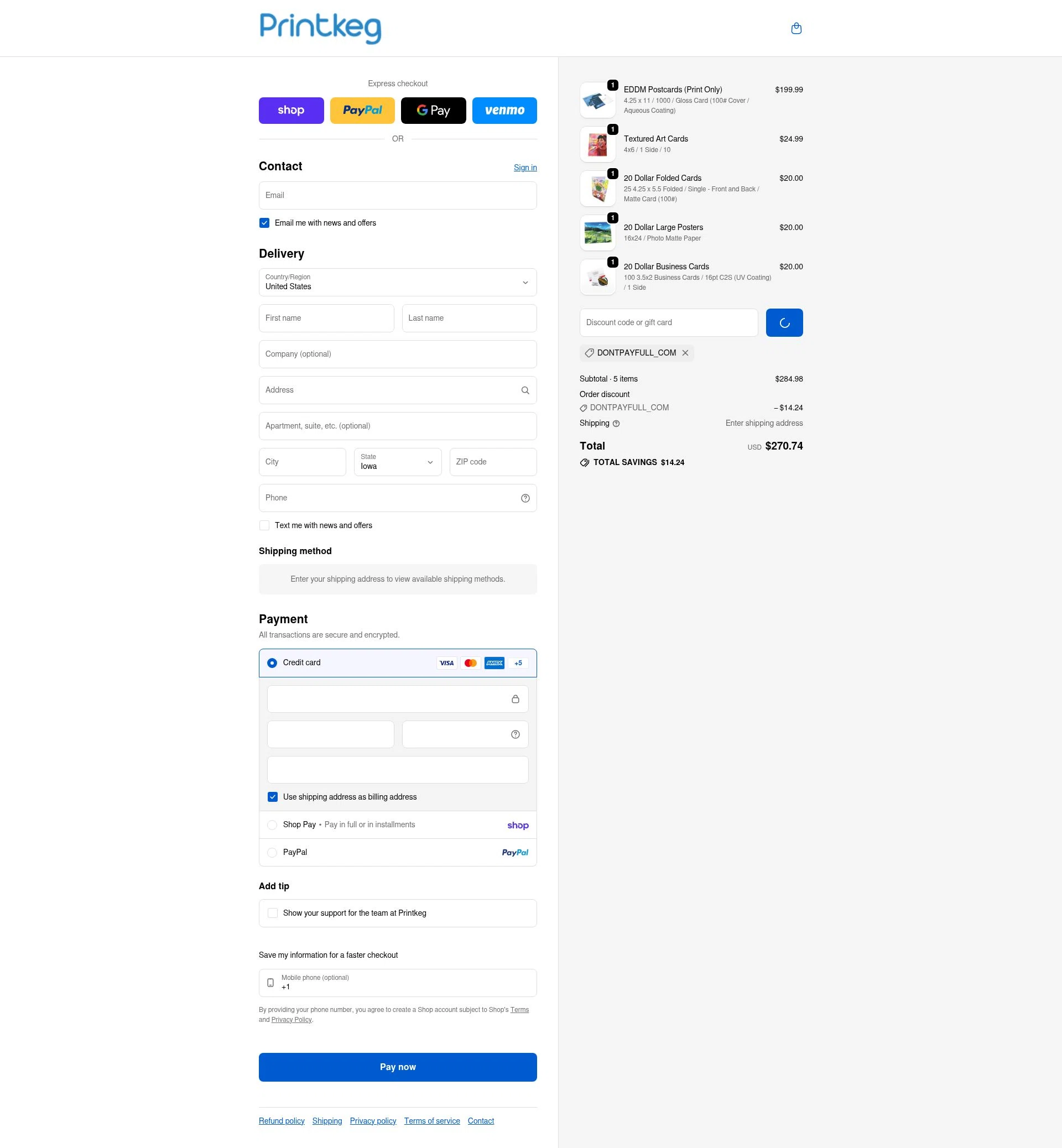 Printkeg checkout page showing Printkeg discount code box | Screenshot taken by SimplyCodes community member on Feb 11, 2026