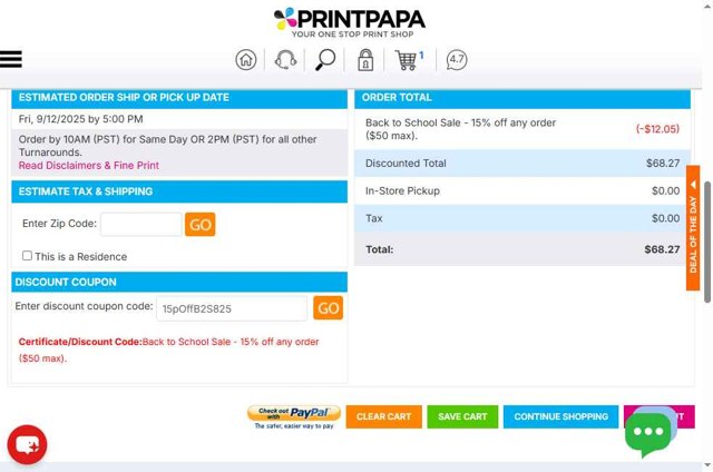 PrintPapa checkout page showing PrintPapa coupon code box | Screenshot taken by SimplyCodes community member on Aug 30, 2025
