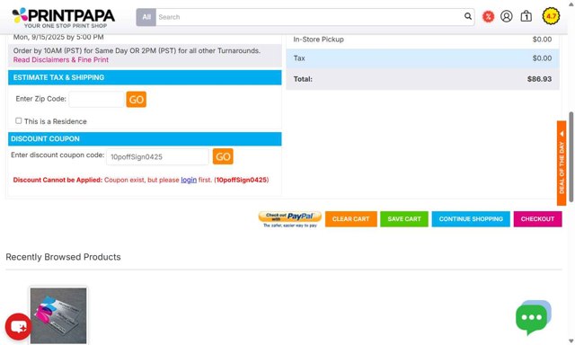 PrintPapa checkout page showing PrintPapa coupon code box | Screenshot taken by SimplyCodes community member on Sep 3, 2025