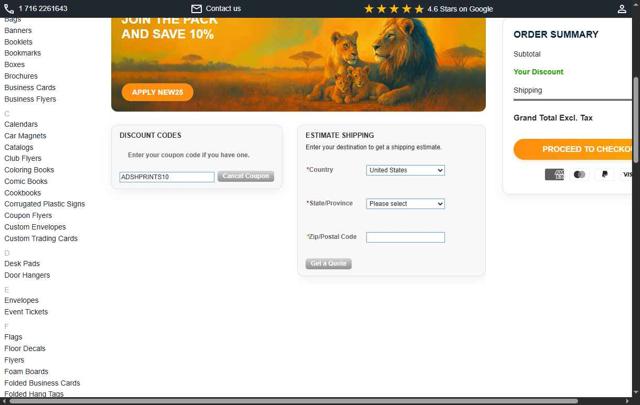 PrintSafari.com checkout page showing PrintSafari.com coupon code box | Screenshot taken by SimplyCodes community member on Aug 23, 2025