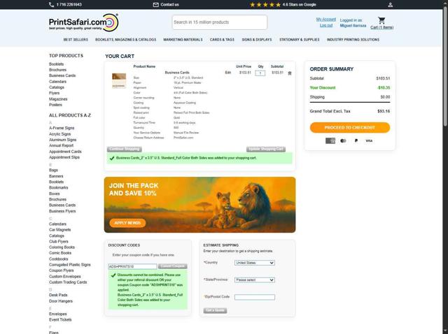 PrintSafari.com checkout page showing PrintSafari.com coupon code box | Screenshot taken by SimplyCodes community member on Aug 29, 2025