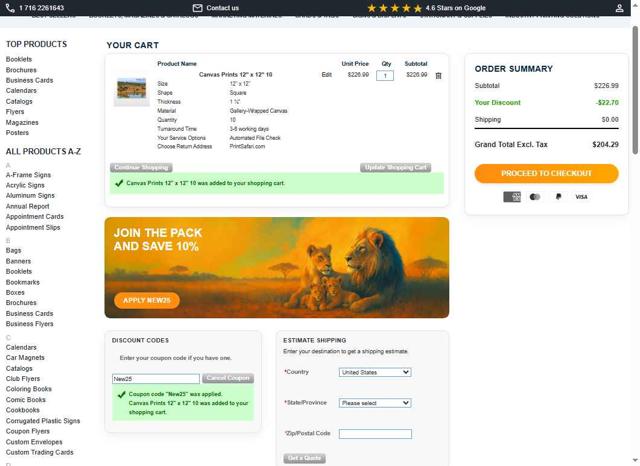 PrintSafari.com checkout page showing PrintSafari.com coupon code box | Screenshot taken by SimplyCodes community member on Aug 24, 2025