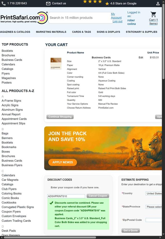 PrintSafari.com checkout page showing PrintSafari.com coupon code box | Screenshot taken by SimplyCodes community member on Sep 4, 2025