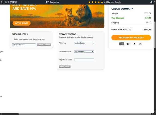 PrintSafari.com checkout page showing PrintSafari.com coupon code box | Screenshot taken by SimplyCodes community member on Sep 16, 2025