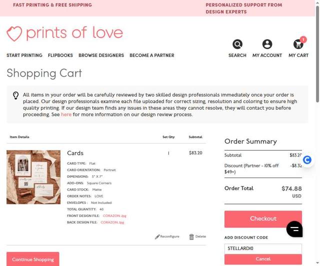 Prints of Love checkout page showing Prints of Love discount code box | Screenshot taken by SimplyCodes community member on Aug 30, 2025