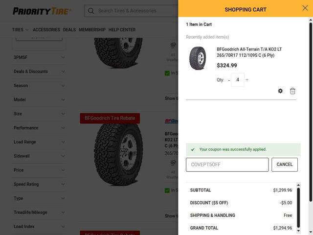 Priority Tire checkout page showing Priority Tire discount code box | Screenshot taken by SimplyCodes community member on Sep 9, 2025