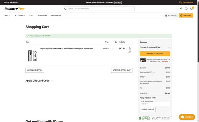 Priority Tire checkout page showing Priority Tire discount code box | Screenshot taken by SimplyCodes community member on Aug 20, 2025