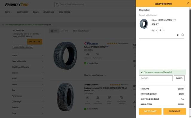 Priority Tire checkout page showing Priority Tire discount code box | Screenshot taken by SimplyCodes community member on Aug 15, 2025