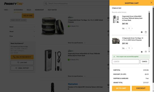 Priority Tire checkout page showing Priority Tire discount code box | Screenshot taken by SimplyCodes community member on Sep 1, 2025