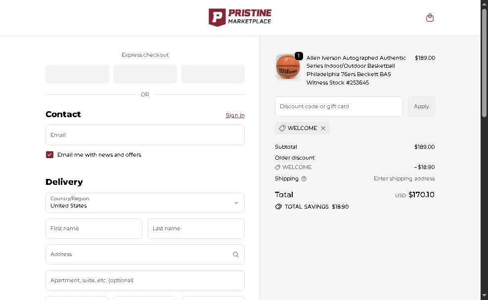 Pristine Auction checkout page showing Pristine Auction promo code box | Screenshot taken by SimplyCodes community member on Nov 28, 2025