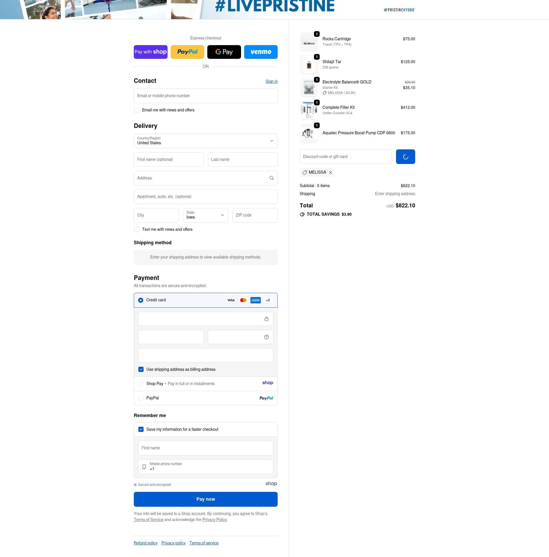 PristineHydro checkout page showing PristineHydro promo code box | Screenshot taken by SimplyCodes community member on Jan 7, 2026