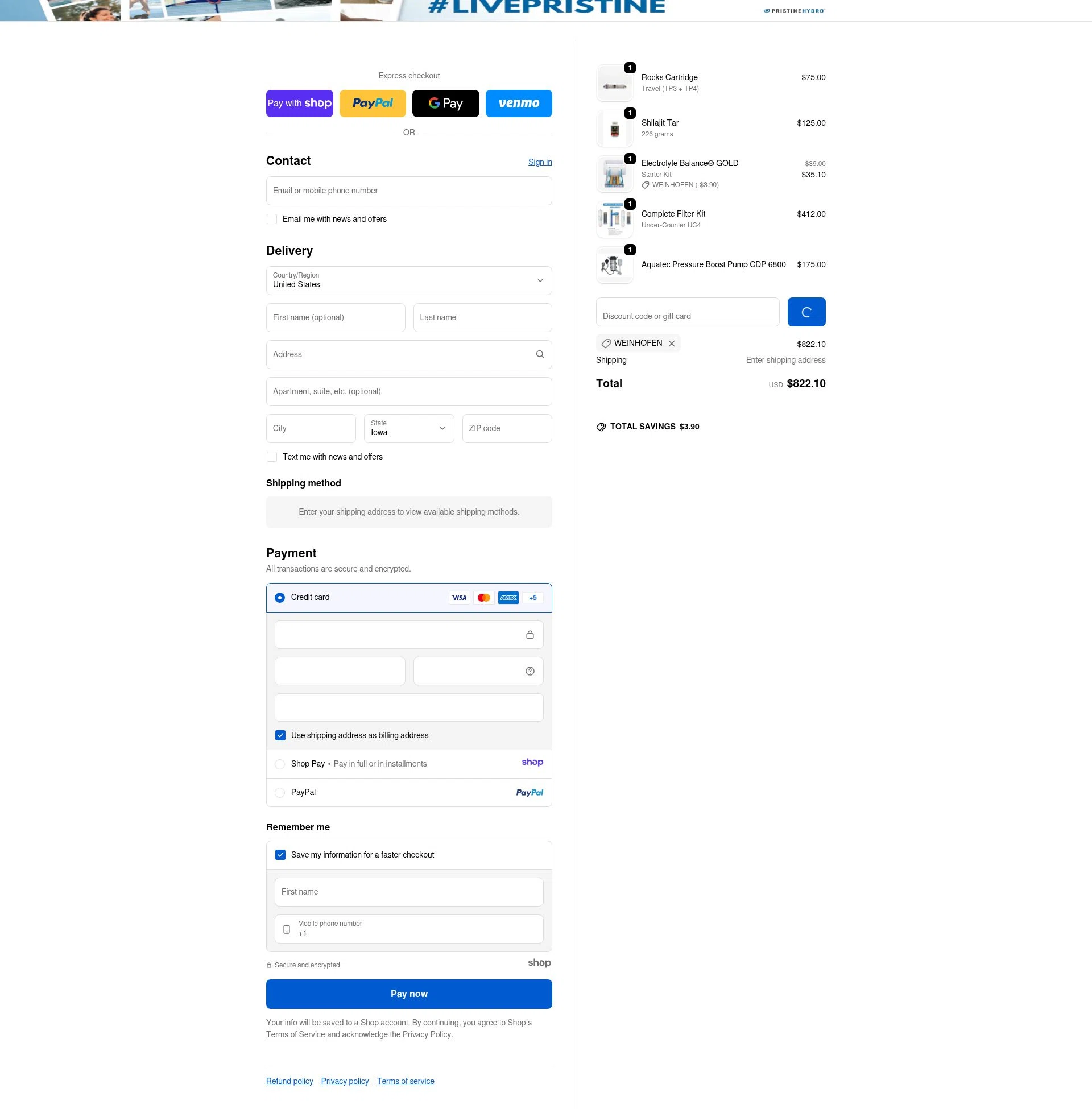 PristineHydro checkout page showing PristineHydro promo code box | Screenshot taken by SimplyCodes community member on Jan 7, 2026