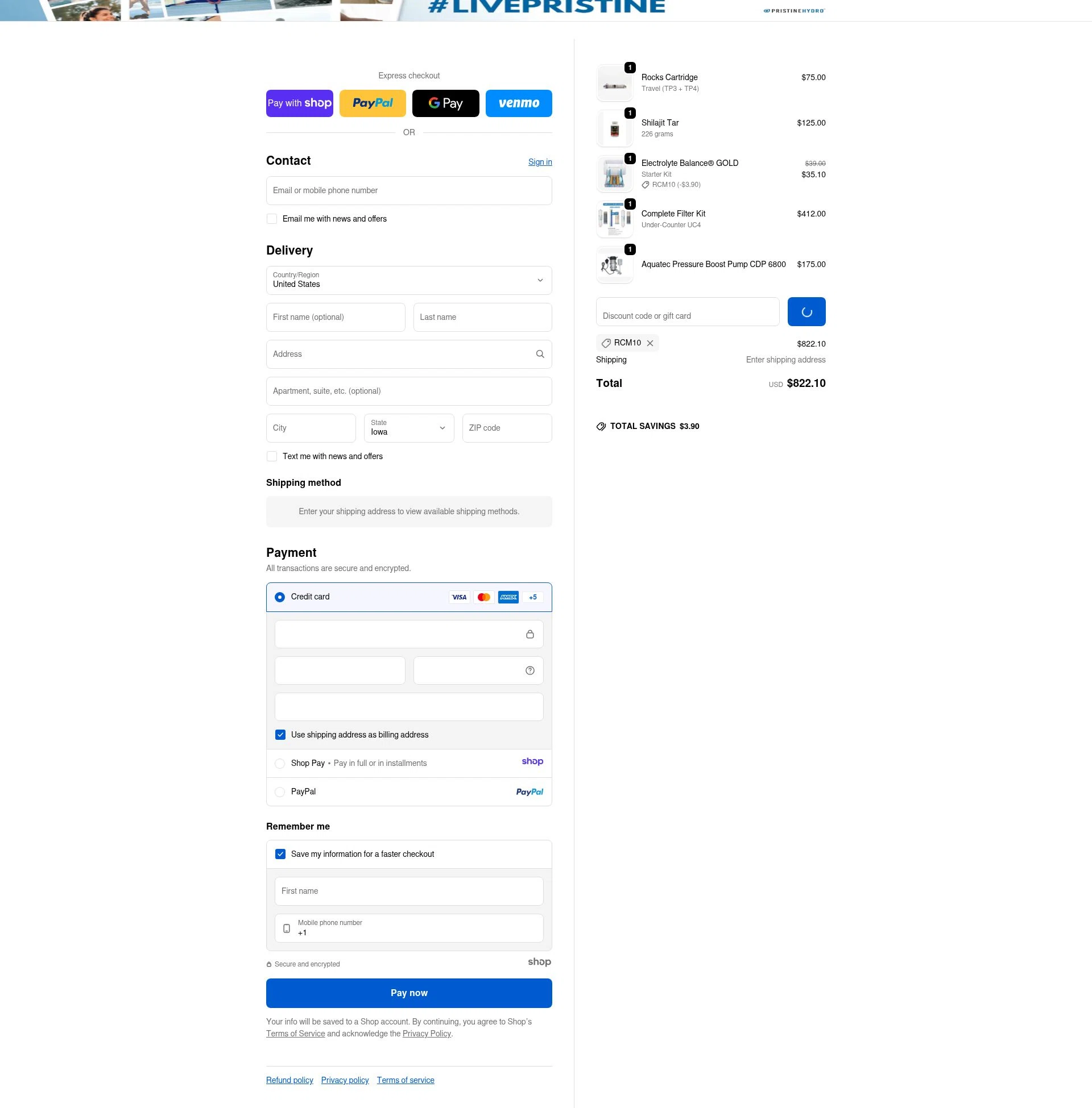 PristineHydro checkout page showing PristineHydro promo code box | Screenshot taken by SimplyCodes community member on Jan 7, 2026