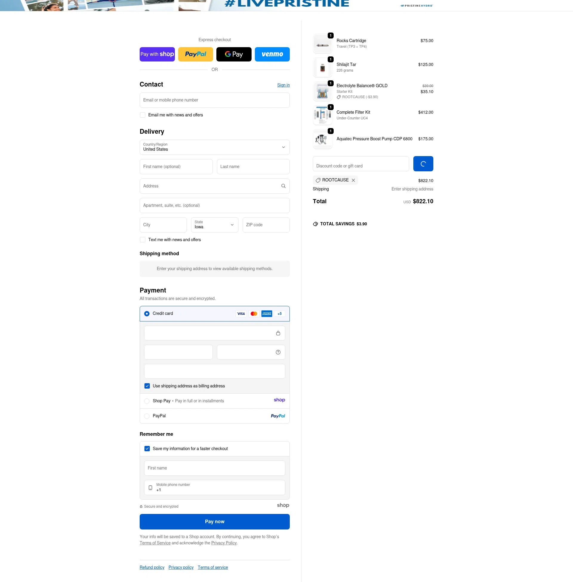 PristineHydro checkout page showing PristineHydro promo code box | Screenshot taken by SimplyCodes community member on Jan 7, 2026