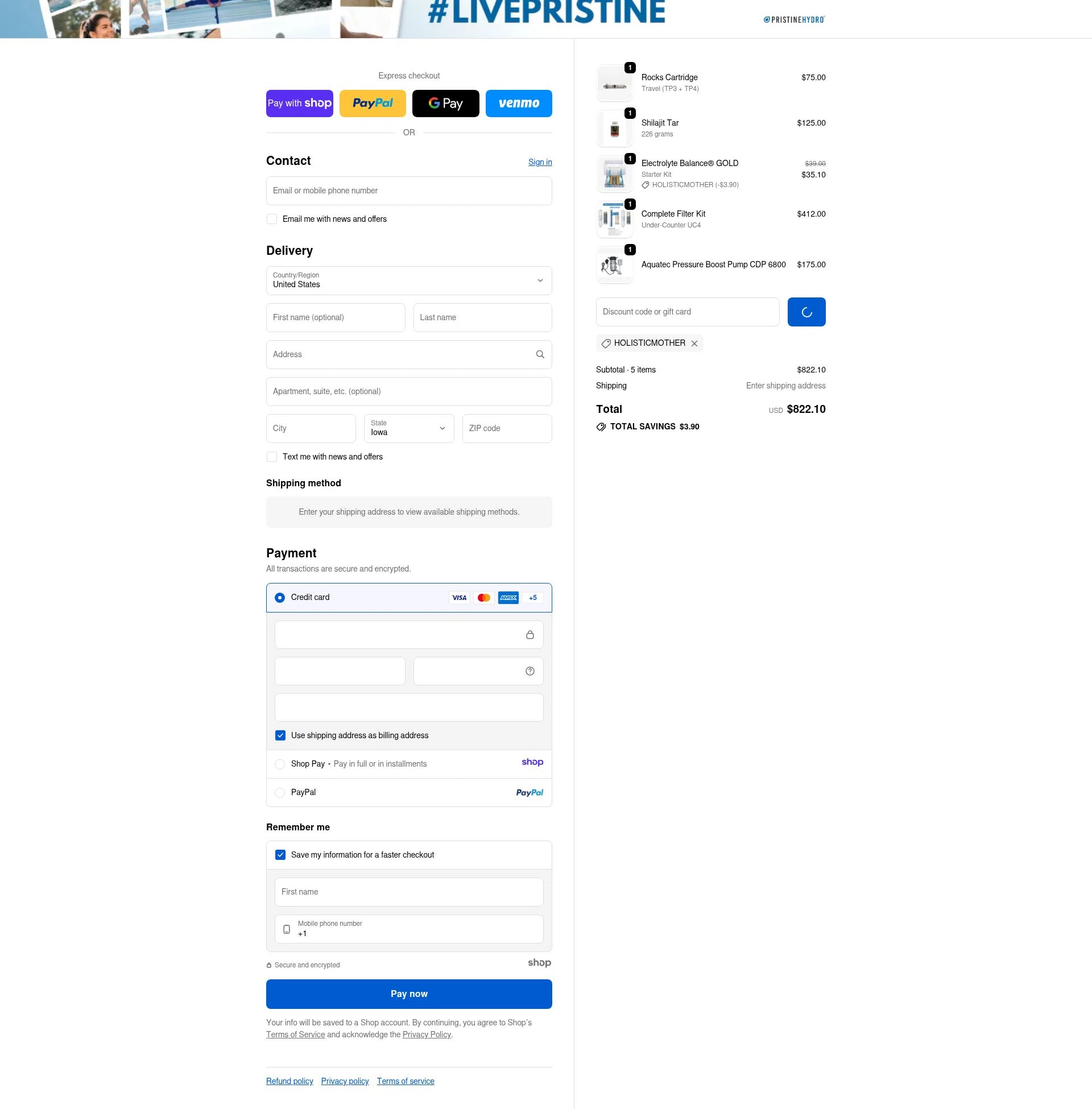 PristineHydro checkout page showing PristineHydro promo code box | Screenshot taken by SimplyCodes community member on Jan 7, 2026