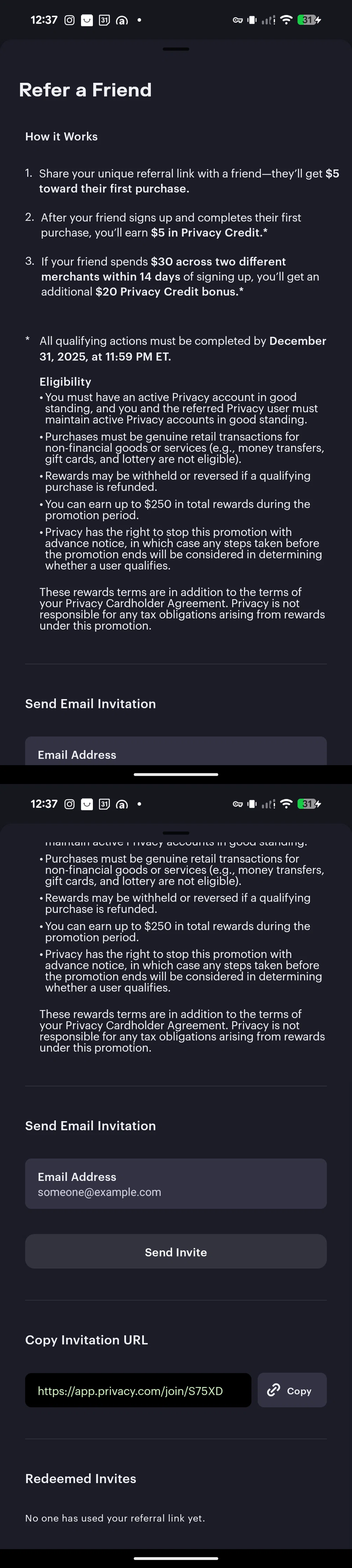 Privacy.com promo code screenshot showing code S75XD applied at Privacy.com checkout page. Uploaded by SimplyCodes community member younoknowme on Dec 3, 2025