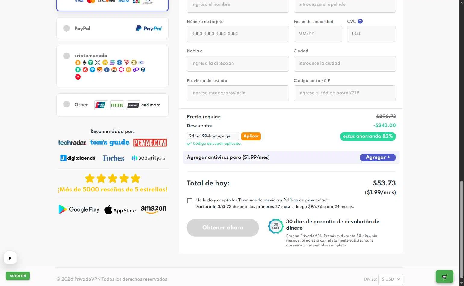 PrivadoVPN checkout page showing PrivadoVPN promo code box | Screenshot taken by SimplyCodes community member on Jan 25, 2026