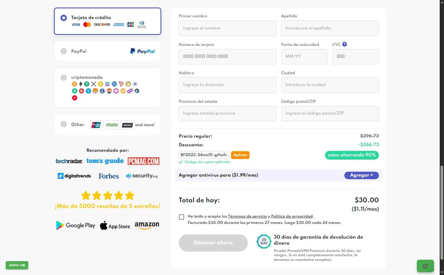 PrivadoVPN checkout page showing PrivadoVPN promo code box | Screenshot taken by SimplyCodes community member on Nov 25, 2025