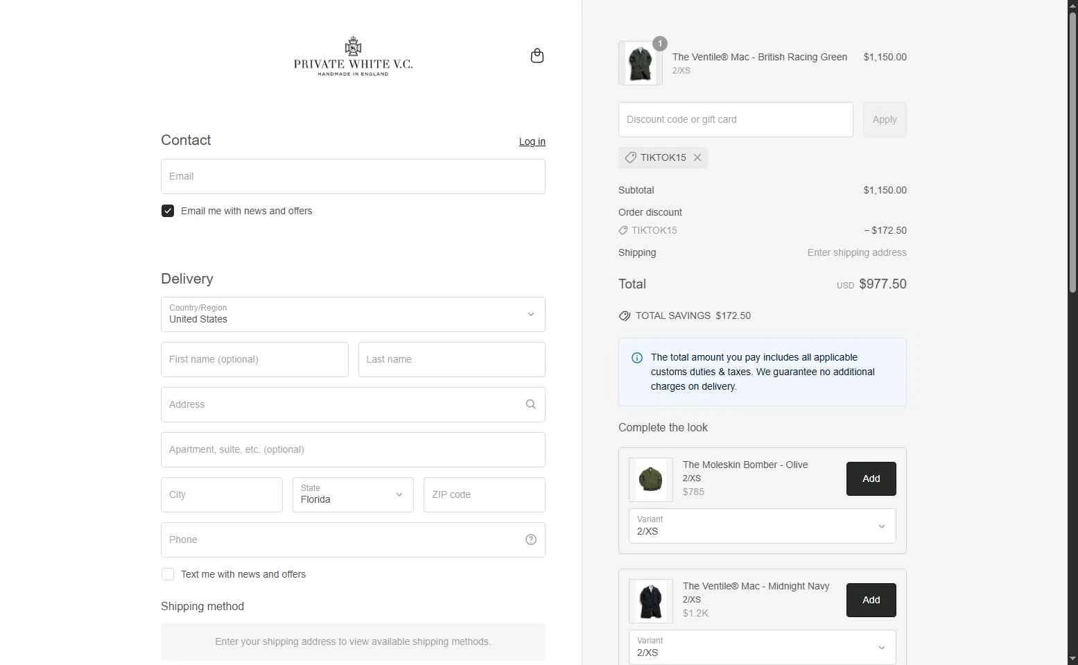 Private White VC checkout page showing Private White VC discount code box | Screenshot taken by SimplyCodes community member on Apr 19, 2025